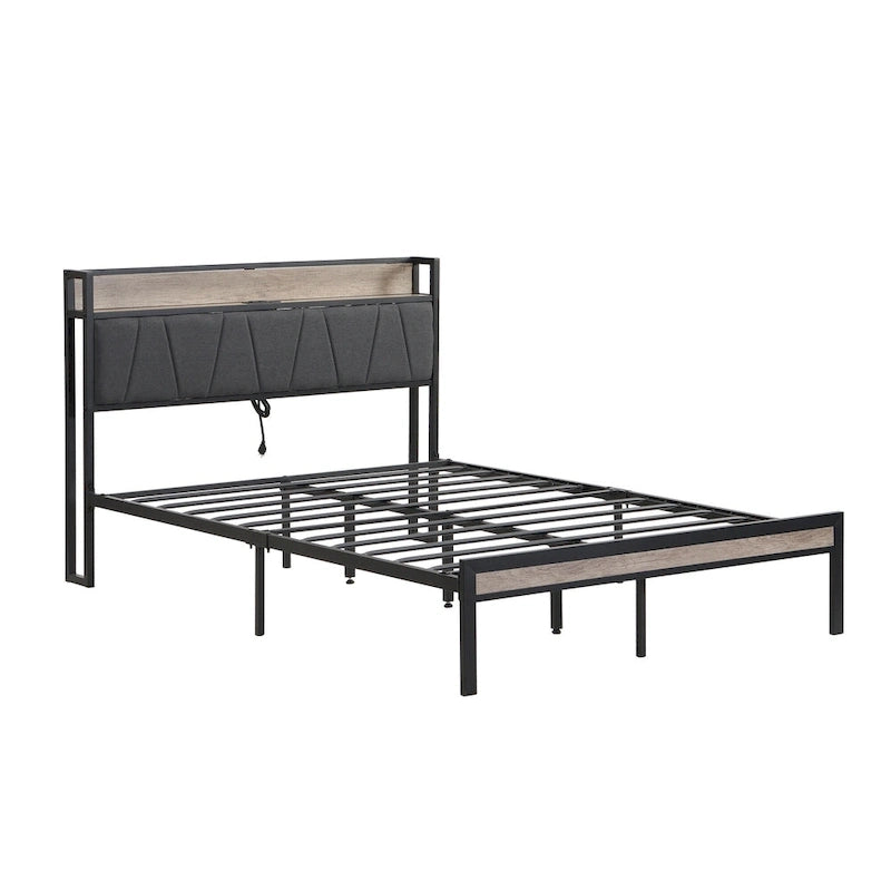 Lit plateforme en métal grand format avec tête de lit en bois et rangement sous le lit