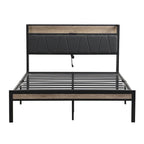 Lit plateforme en métal grand format avec tête de lit en bois et rangement sous le lit