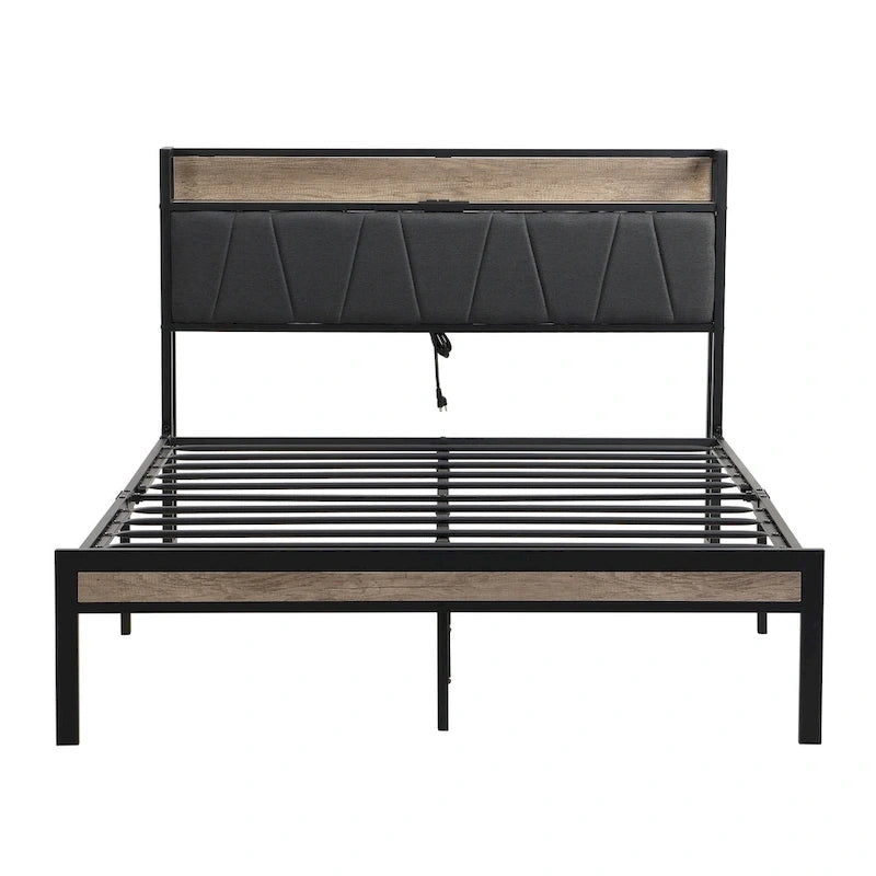 Lit plateforme en métal grand format avec tête de lit en bois et rangement sous le lit