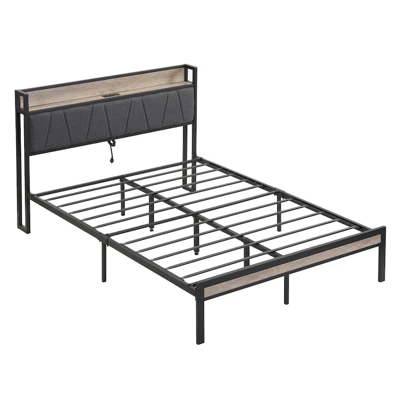 Lit plateforme en métal grand format avec tête de lit en bois et rangement sous le lit