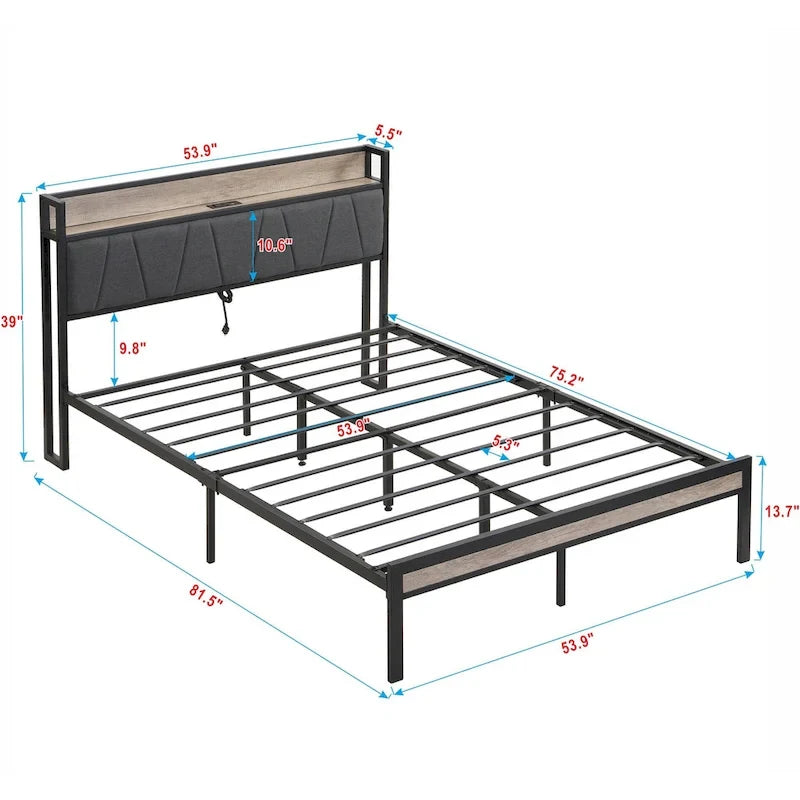 Lit plateforme en métal grand format avec tête de lit en bois et rangement sous le lit