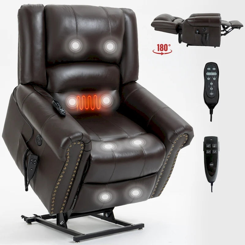 Sillón reclinable elevador eléctrico de doble motor en cuero genuino con calor y masaje