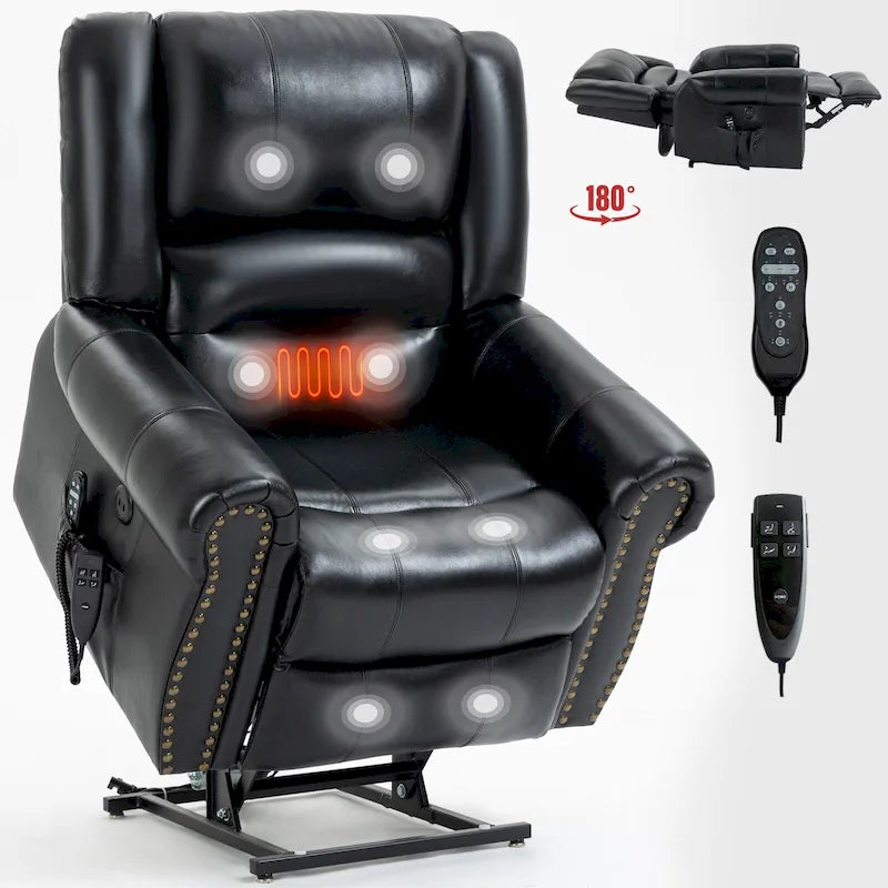 Sillón reclinable elevador eléctrico de doble motor en cuero genuino con calor y masaje