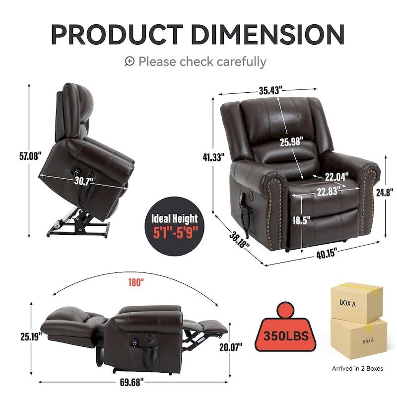 Sillón reclinable elevador eléctrico de doble motor en cuero genuino con calor y masaje