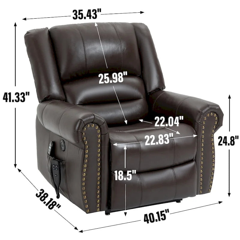 Sillón reclinable elevador eléctrico de doble motor en cuero genuino con calor y masaje