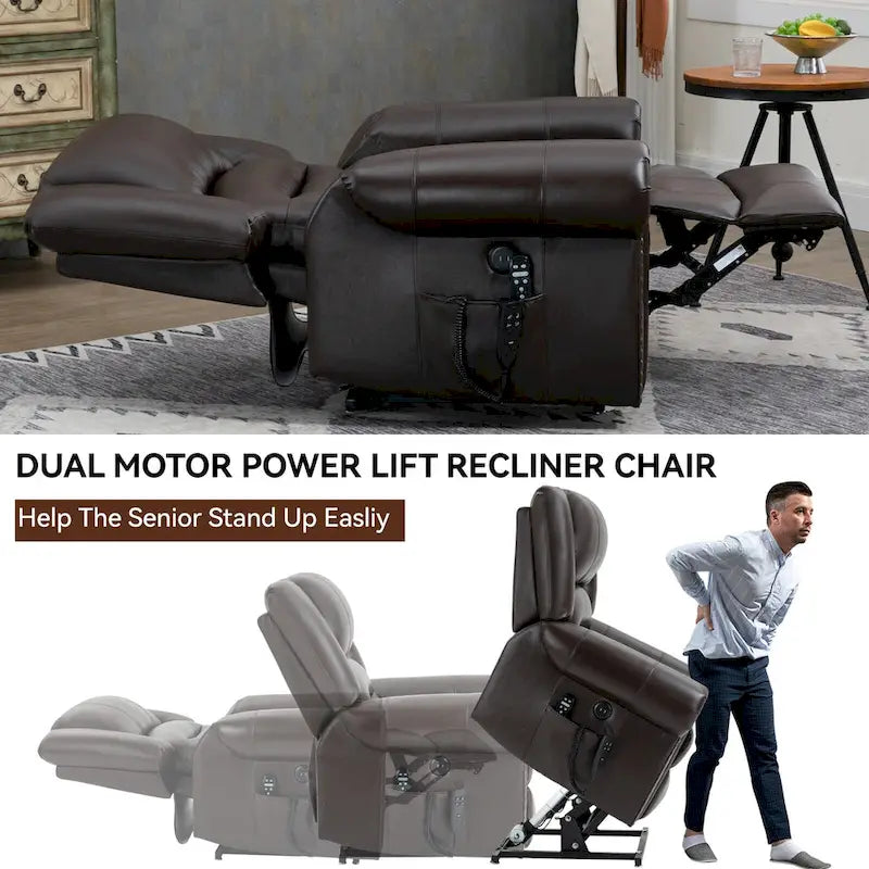 Sillón reclinable elevador eléctrico de doble motor en cuero genuino con calor y masaje