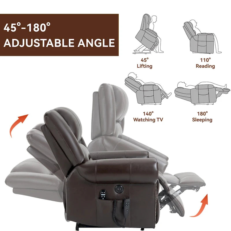 Sillón reclinable elevador eléctrico de doble motor en cuero genuino con calor y masaje