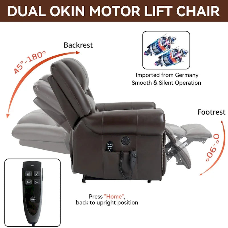 Sillón reclinable elevador eléctrico de doble motor en cuero genuino con calor y masaje