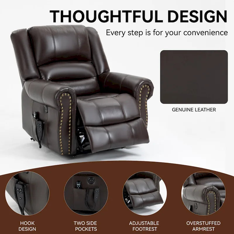 Sillón reclinable elevador eléctrico de doble motor en cuero genuino con calor y masaje