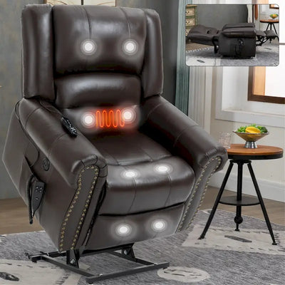 Sillón reclinable elevador eléctrico de doble motor en cuero genuino con calor y masaje