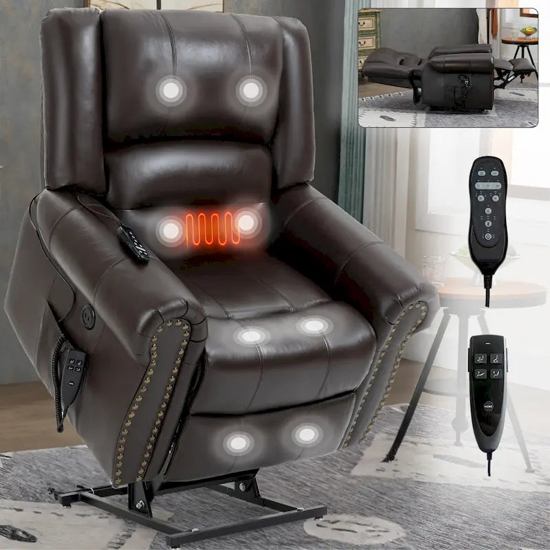 Sillón reclinable elevador eléctrico de doble motor en cuero genuino con calor y masaje