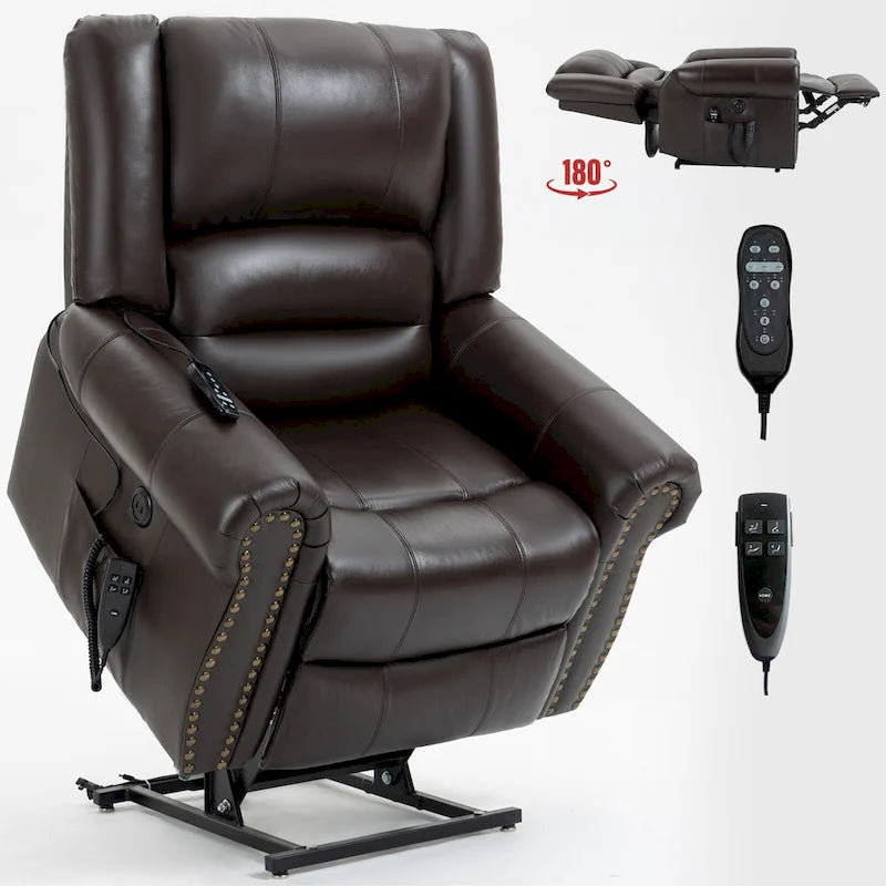 Sillón reclinable elevador eléctrico de doble motor en cuero genuino con calor y masaje
