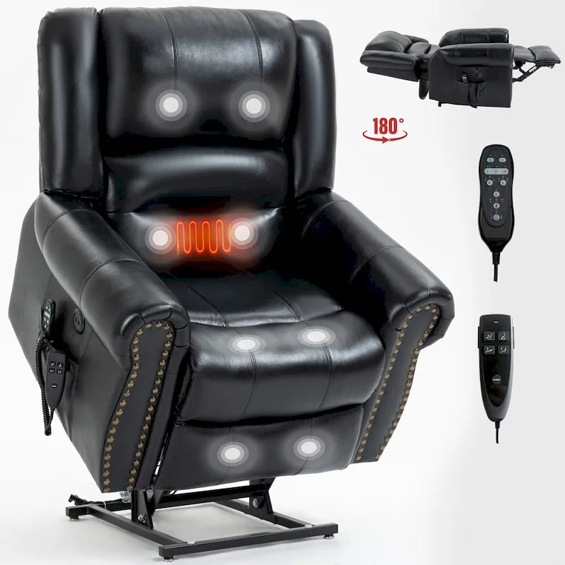 Sillón reclinable elevador eléctrico de doble motor en cuero genuino con calor y masaje