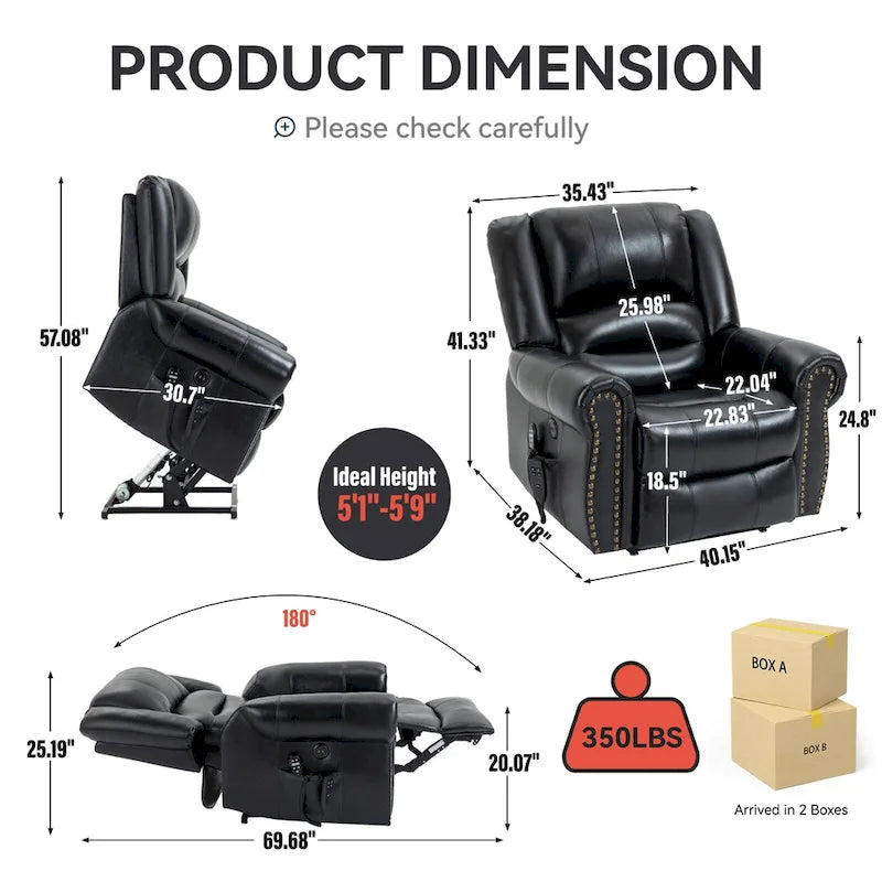 Sillón reclinable elevador eléctrico de doble motor en cuero genuino con calor y masaje