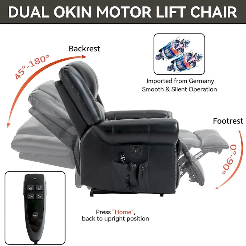 Sillón reclinable elevador eléctrico de doble motor en cuero genuino con calor y masaje