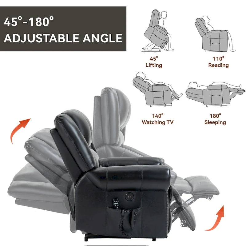 Sillón reclinable elevador eléctrico de doble motor en cuero genuino con calor y masaje