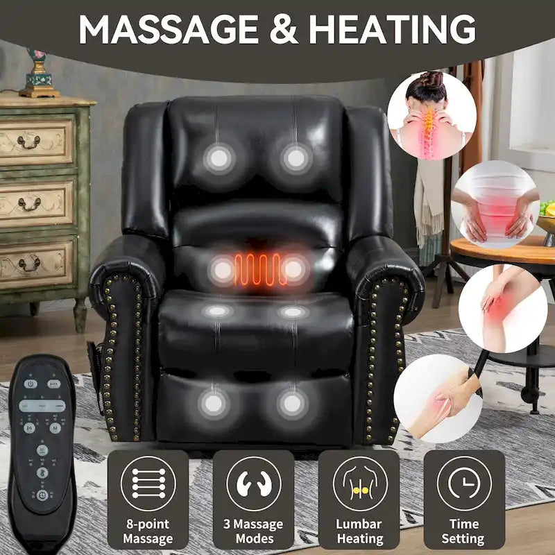 Sillón reclinable elevador eléctrico de doble motor en cuero genuino con calor y masaje