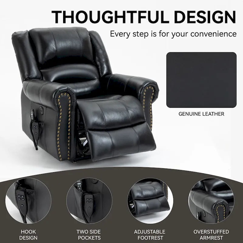 Sillón reclinable elevador eléctrico de doble motor en cuero genuino con calor y masaje