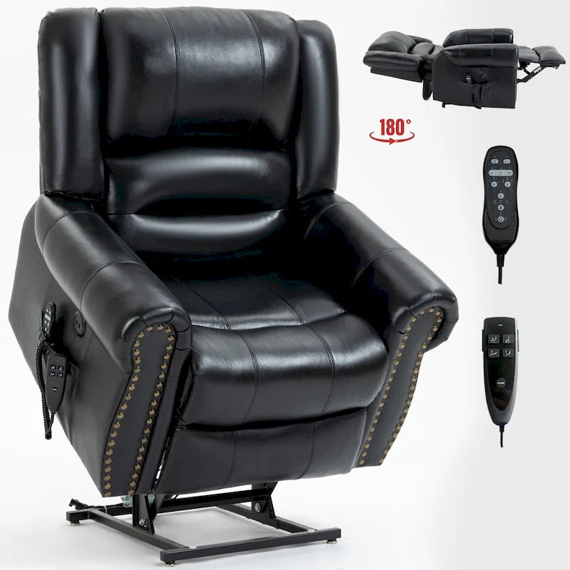 Sillón reclinable elevador eléctrico de doble motor en cuero genuino con calor y masaje