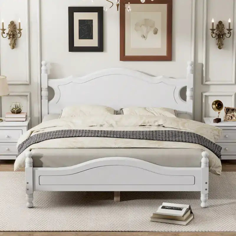 Cama de plataforma de madera color blanco tamaño Queen con cabecera