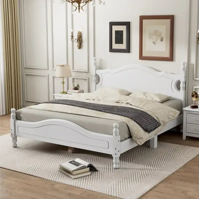 Cama de plataforma de madera color blanco tamaño Queen con cabecera