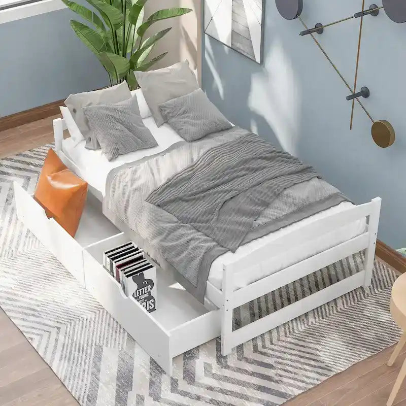Cama individual con plataforma y dos cajones de almacenamiento