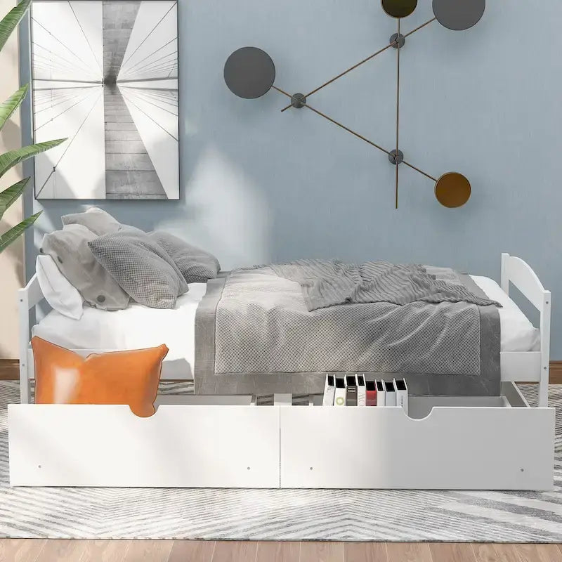 Cama individual con plataforma y dos cajones de almacenamiento