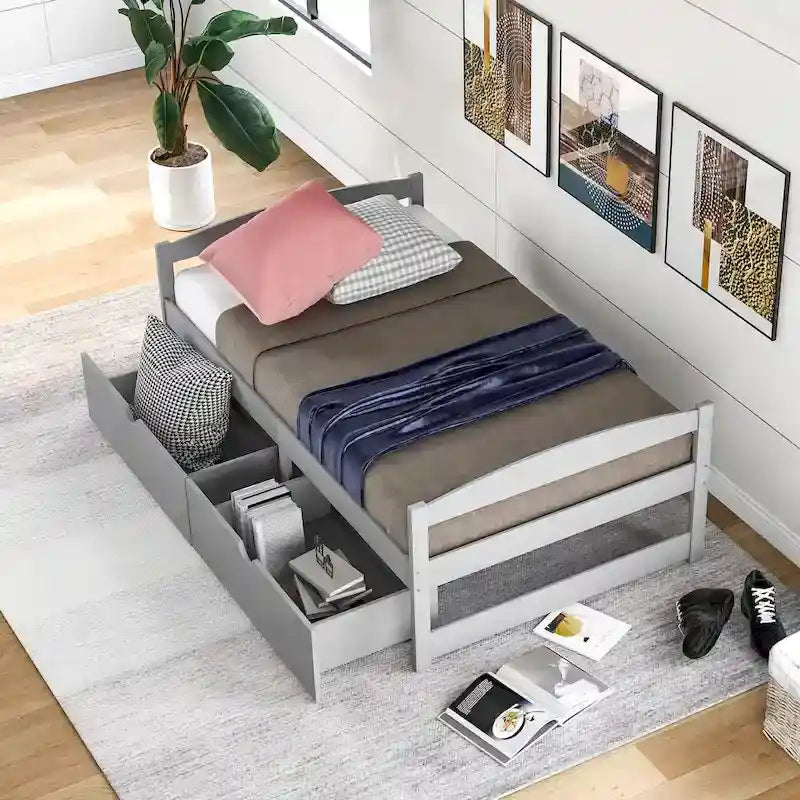Cama individual con plataforma y dos cajones de almacenamiento