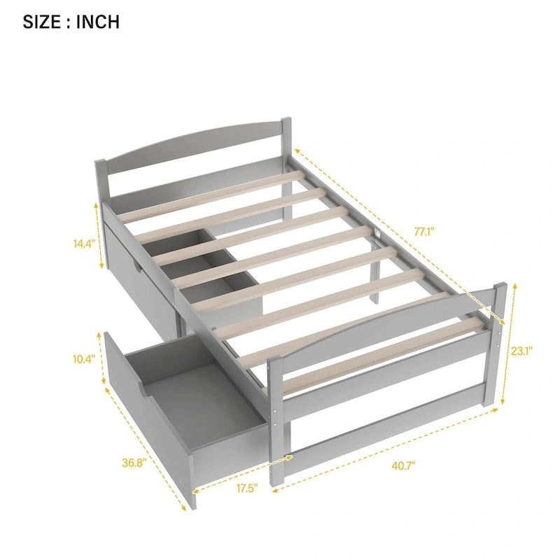 Cama individual con plataforma y dos cajones de almacenamiento