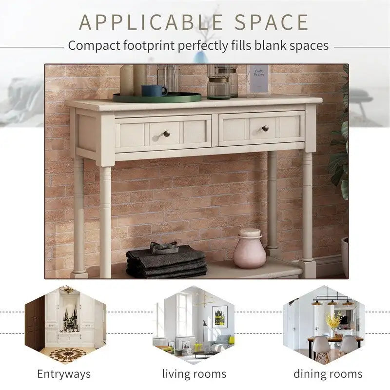 Tavolo consolle vintage con 2 cassetti e ripiano inferiore