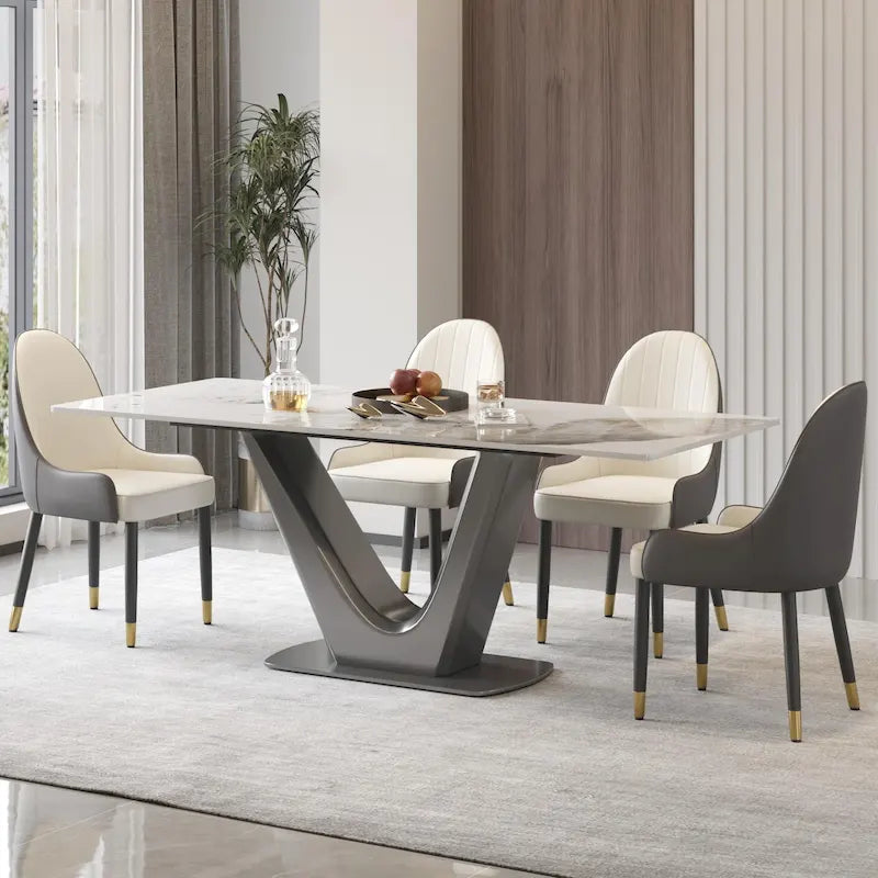 Mesa de comedor rectangular de piedra sinterizada con pedestal en forma de V