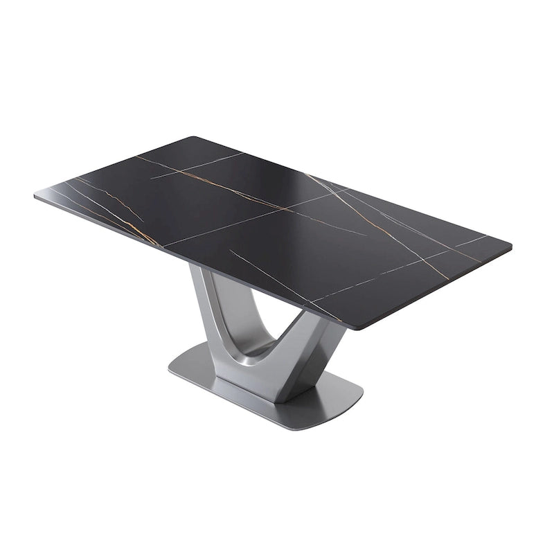 Mesa de comedor rectangular de piedra sinterizada con pedestal en forma de V