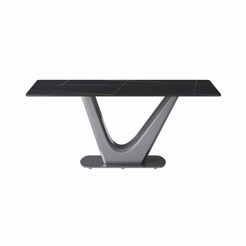 Mesa de comedor rectangular de piedra sinterizada con pedestal en forma de V