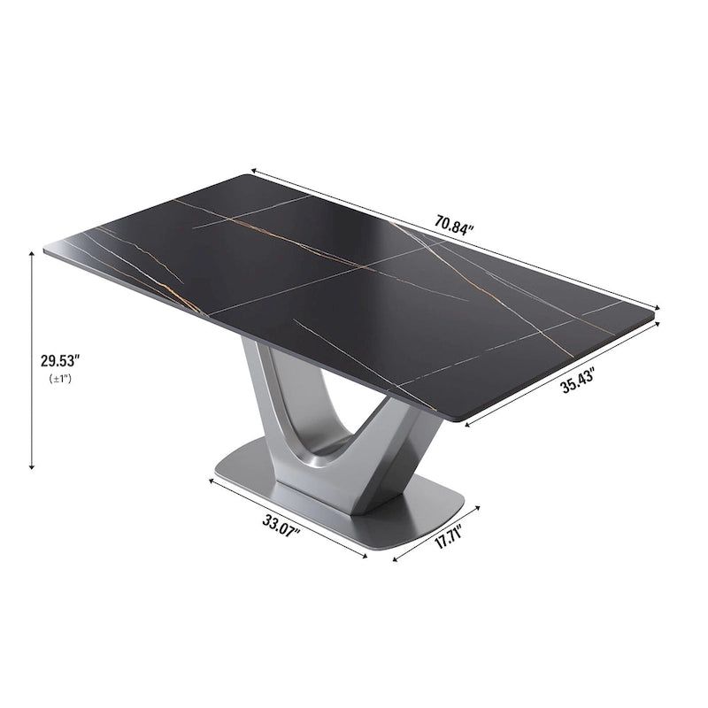 Mesa de comedor rectangular de piedra sinterizada con pedestal en forma de V
