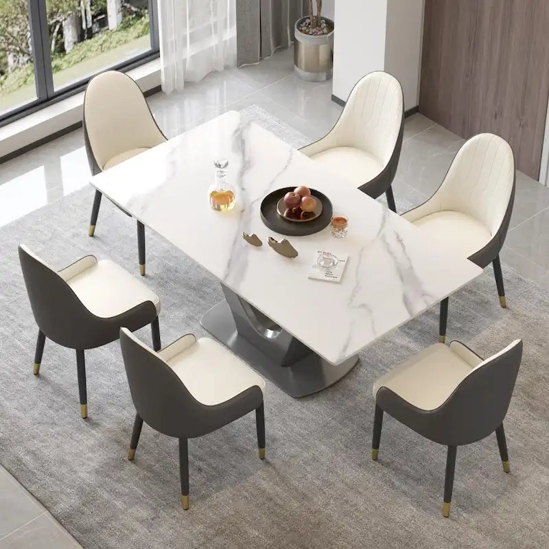 Mesa de comedor rectangular de piedra sinterizada con pedestal en forma de V