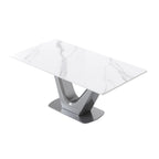 Mesa de comedor rectangular de piedra sinterizada con pedestal en forma de V