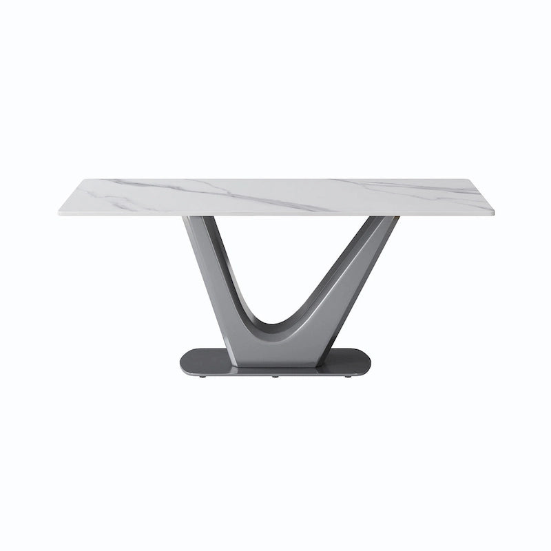 Mesa de comedor rectangular de piedra sinterizada con pedestal en forma de V