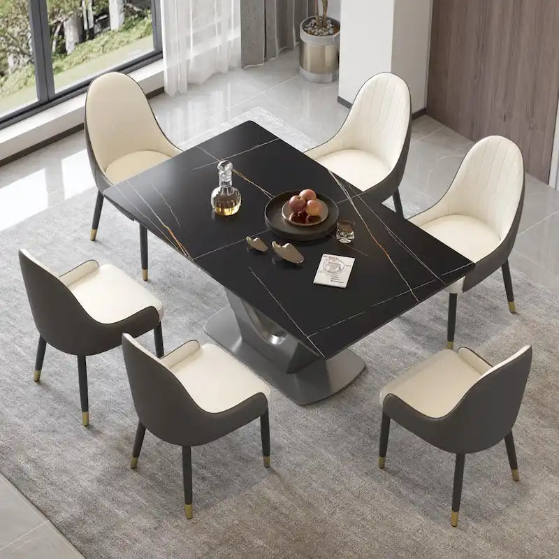 Mesa de comedor rectangular de piedra sinterizada con pedestal en forma de V