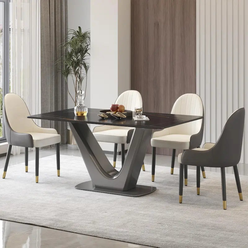 Mesa de comedor rectangular de piedra sinterizada con pedestal en forma de V