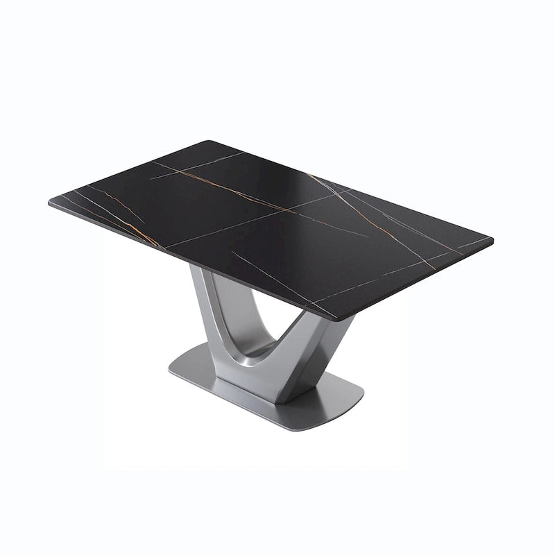 Mesa de comedor rectangular de piedra sinterizada con pedestal en forma de V