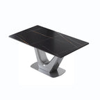 Mesa de comedor rectangular de piedra sinterizada con pedestal en forma de V