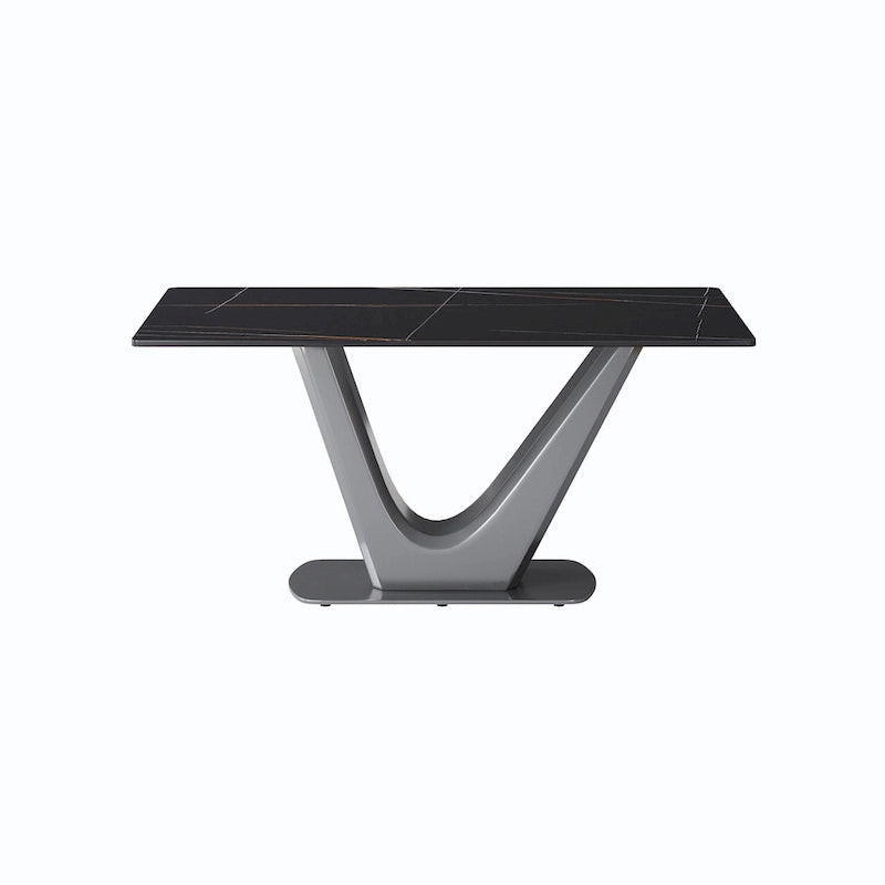Mesa de comedor rectangular de piedra sinterizada con pedestal en forma de V