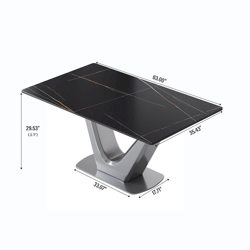 Mesa de comedor rectangular de piedra sinterizada con pedestal en forma de V