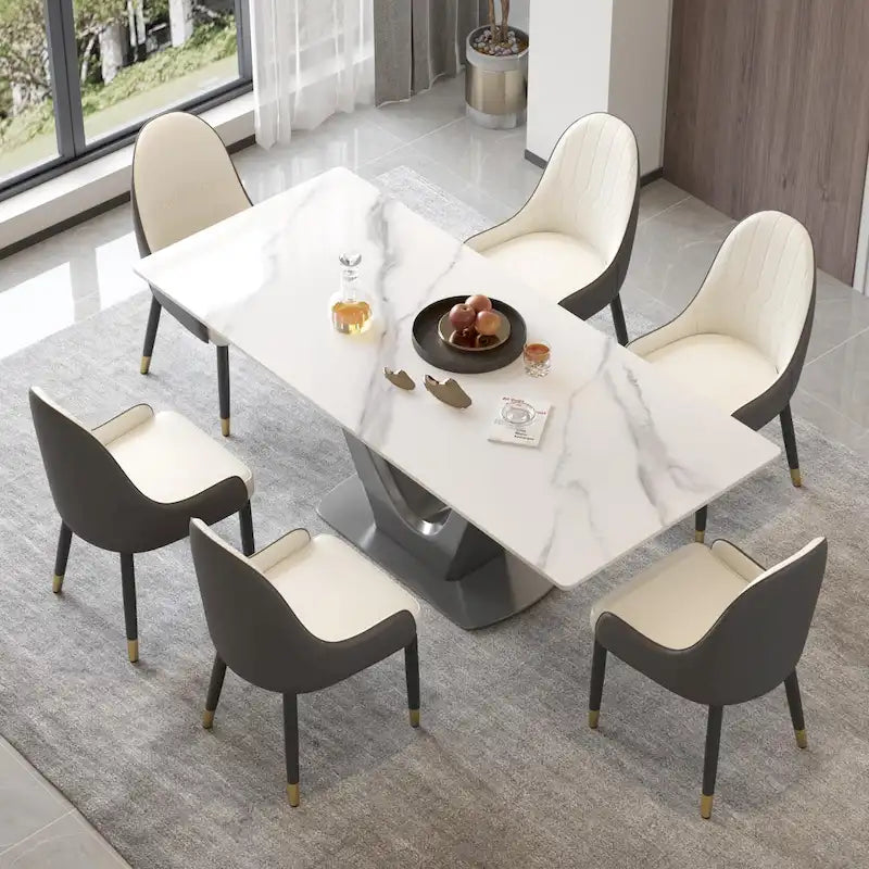 Mesa de comedor rectangular de piedra sinterizada con pedestal en forma de V