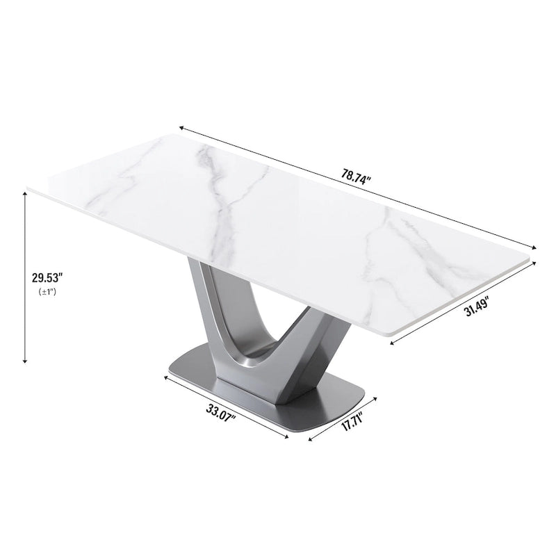 Mesa de comedor rectangular de piedra sinterizada con pedestal en forma de V