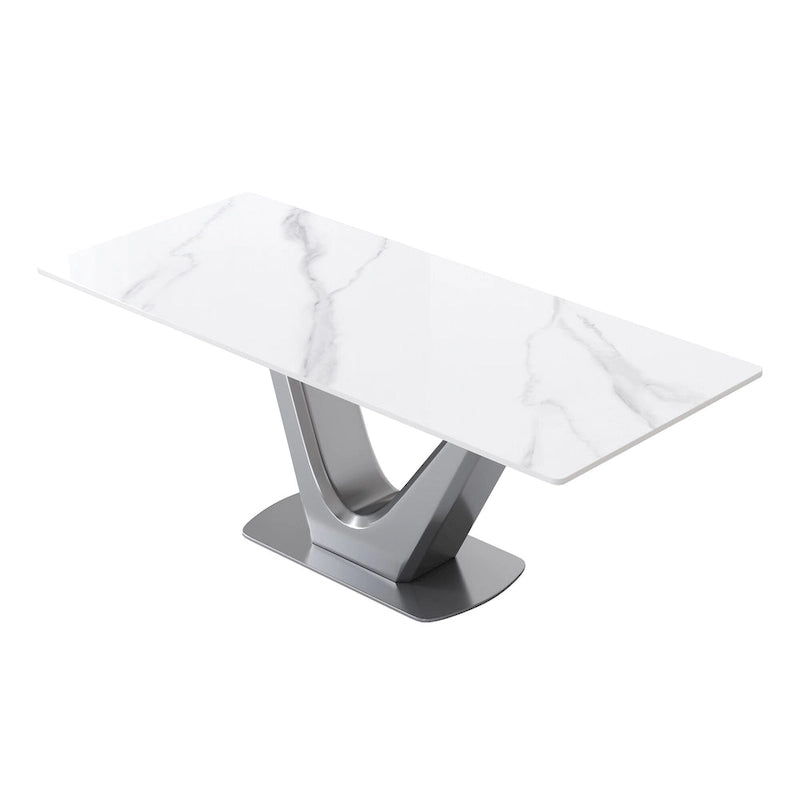 Mesa de comedor rectangular de piedra sinterizada con pedestal en forma de V
