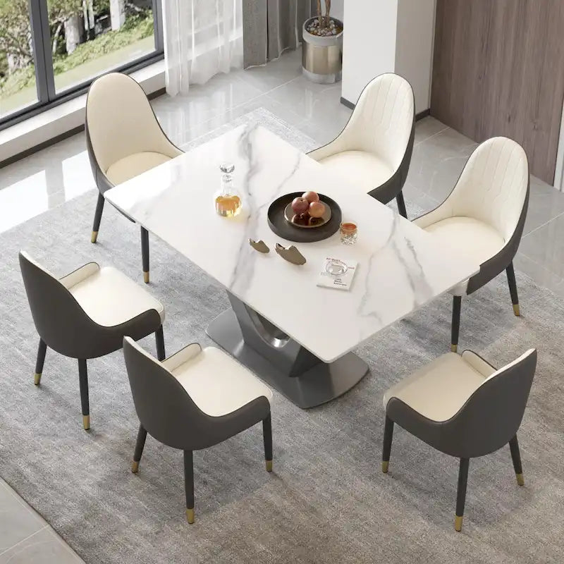 Mesa de comedor rectangular de piedra sinterizada con pedestal en forma de V