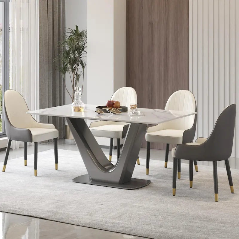 Mesa de comedor rectangular de piedra sinterizada con pedestal en forma de V