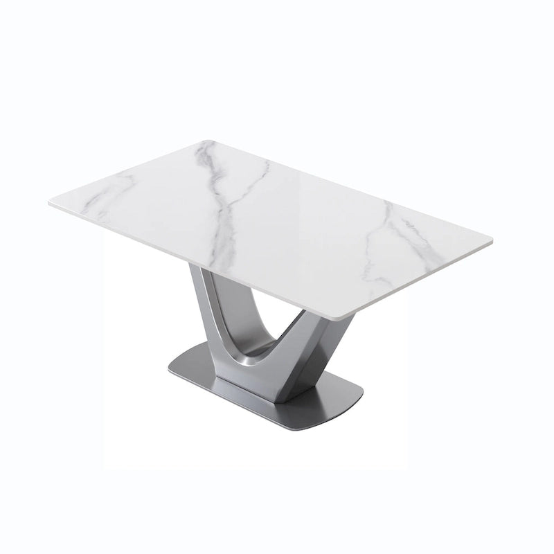 Mesa de comedor rectangular de piedra sinterizada con pedestal en forma de V