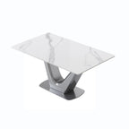 Mesa de comedor rectangular de piedra sinterizada con pedestal en forma de V
